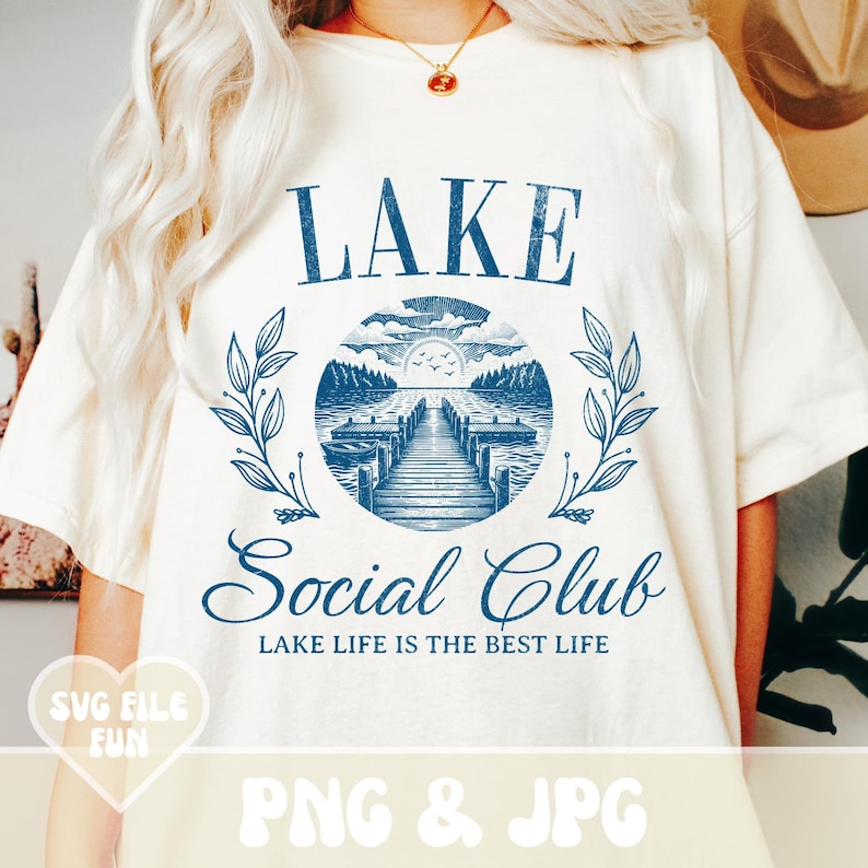 May include: A white t-shirt with a blue graphic design that says "LAKE Social Club LAKE LIFE IS THE BEST LIFE".