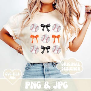 Coquette baseball png, noeuds et balles de baseball noirs et orange, fierté de l'école png, baseball maman png, baseball maman png design tendance tee-shirt