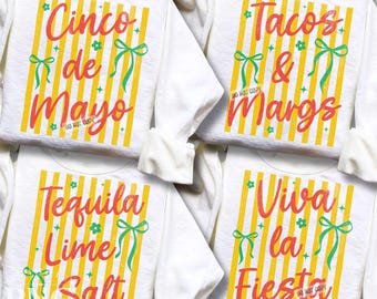 Happy Cinco De Mayo PNG Bundle, Viva La Fiesta, Tacos & Margs, Tequila Lime Salt,  Trendy Striped Shirt Design Print Sublimation