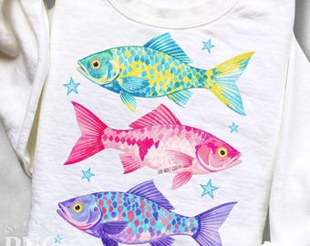 Preppy Fish PNG, Trendy Coastal Summertime PNG, Colorful Summer Women's Beach Vacation Travel Shirt Design Print Sublimation