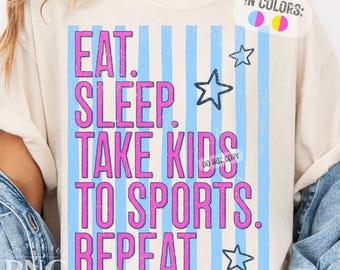 Eat Sleep Take Kids to Sports Repeat PNG Retro Striped Sports Mom Game Day Trendy Baseball Season Distressed Shirt Design Sublimation
