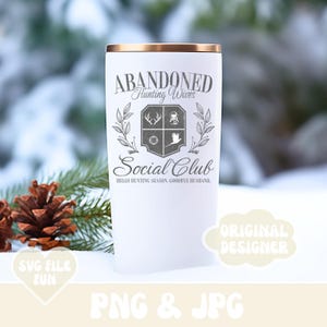 May include: White tumbler with a gold lid and a black and white design that says "Abandoned Hunting Wives Social Club" with a hunting-themed crest. The text below the crest says "Hello Hunting Season, Goodbye Husband."