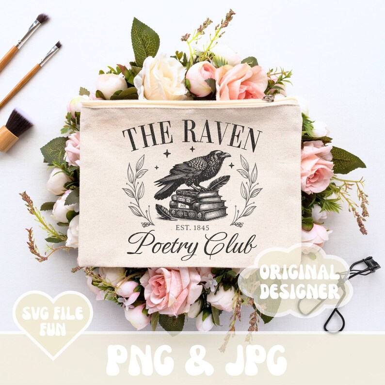 May include: A white canvas zippered pouch with a black and white illustration of a raven perched on a stack of books. The text "The Raven Poetry Club Est. 1845" is printed on the pouch.