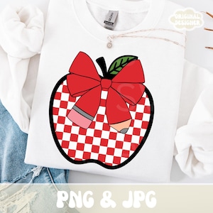 Retro Back to School Teacher Checkered Apple Coquette Pencil Bow PNG Shirt Design Bundle, First Day of School Clipart Print Sublimation File