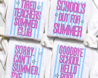 Happy Last Day of School PNG Bundle Trendy Striped Last Day Tired Teachers Club Shirt Design Schools Out for Summer Print Sublimation