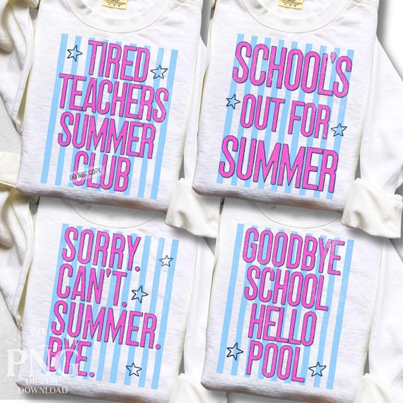 Happy Last Day of School PNG Bundle Trendy Striped Last Day Tired Teachers Club Shirt Design Schools Out for Summer Print Sublimation