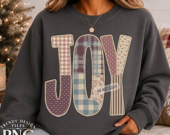 Joy Christmas PNG, Flannel Patchwork Letters, Christmas Shirt Design, Preppy Gingham Retro Holiday Plaid Floral Dots Sublimation Design