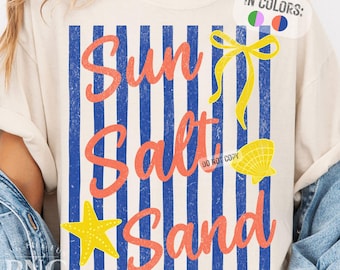 Sun Salt Sand PNG Trendy Striped Retro Mediterranean Womens Travel Shirt Design Beachy Summer Coquette Bow Print Sublimation Graphic