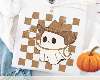Fantasma vaquero retro PNG, fantasma occidental PNG, diseño de camiseta fantasma de Halloween, moderno, desgastado, lindo, para niños, otoño PNG, temporada espeluznante, impresión por sublimación