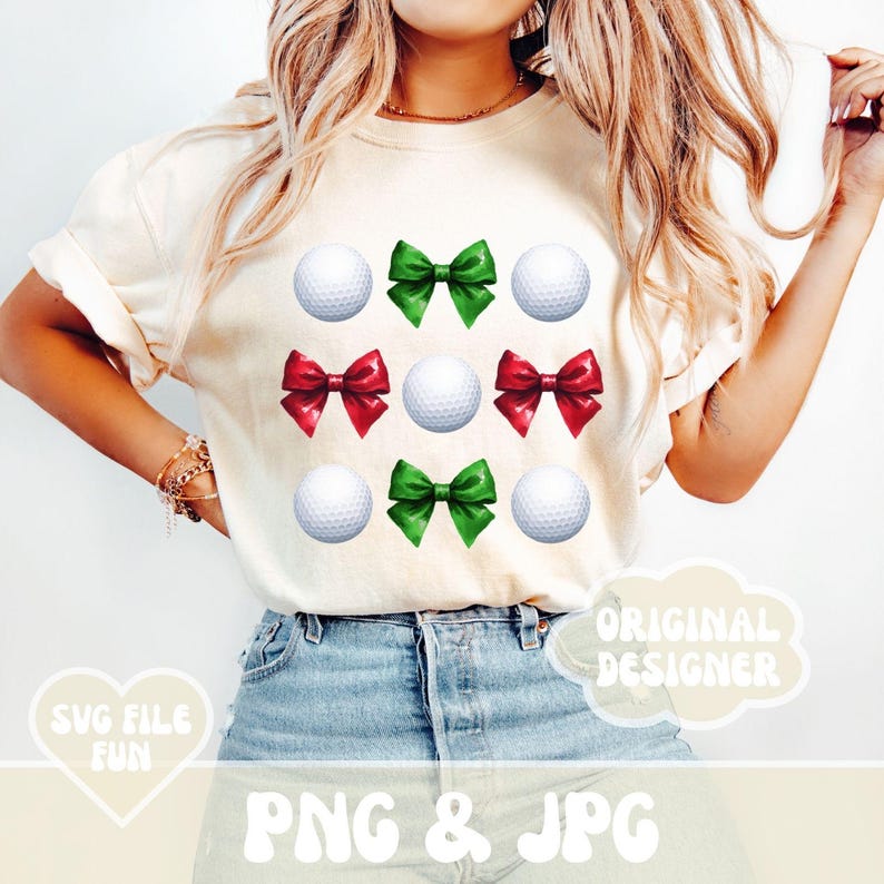Cute Christmas Golf Shirt Design, Red & Green Bows Png, Coquette Golf