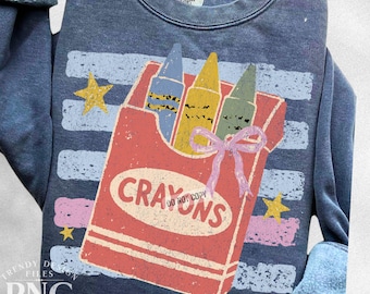Vintage Crayon Box PNG First Day of School Supplies Shirt Design Preschool PreK Kindergarten First Grade Teacher Distressed Sublimation
