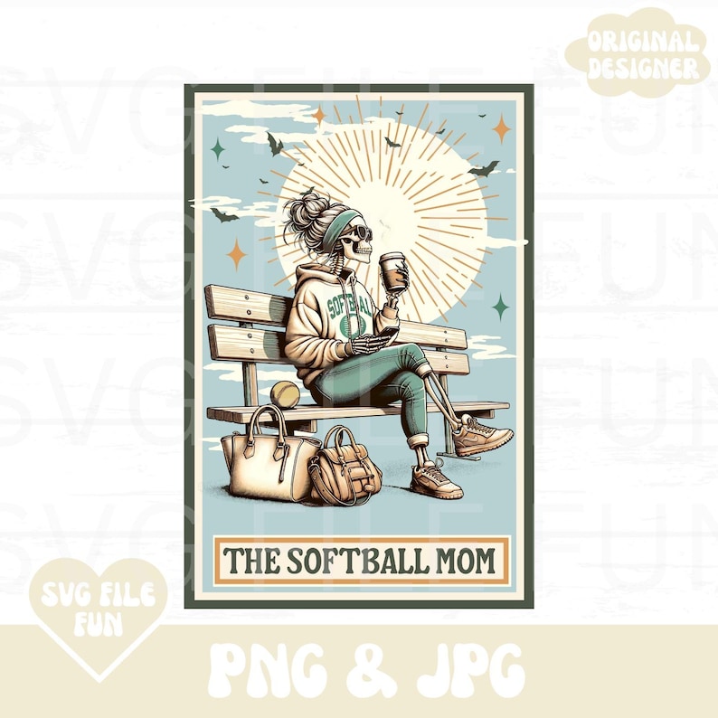 May include: A retro-style illustration of a skeleton wearing a sweatshirt that says "Softball Mom" sitting on a bench with a coffee cup and a baseball. The background is a blue sky with clouds and bats.