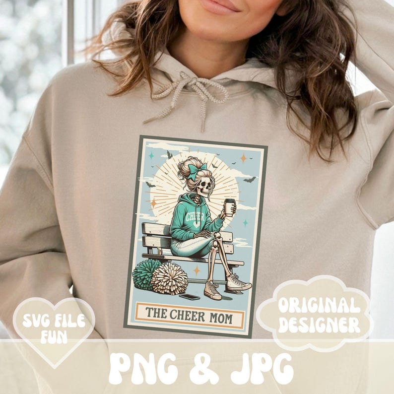 May include: A digital illustration of a skeleton wearing a cheerleading uniform and holding a cup of coffee. The skeleton is sitting on a bench with cheerleading pom-poms beside her. The text "The Cheer Mom" is below the image.
