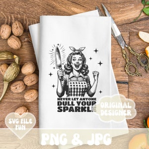 Puede incluir: Ilustraci&oacute;n en blanco y negro de una mujer sosteniendo un cuchillo y sonriendo. El texto "Nunca dejes que nadie empa&ntilde;e tu brillo" est&aacute; debajo de la imagen.