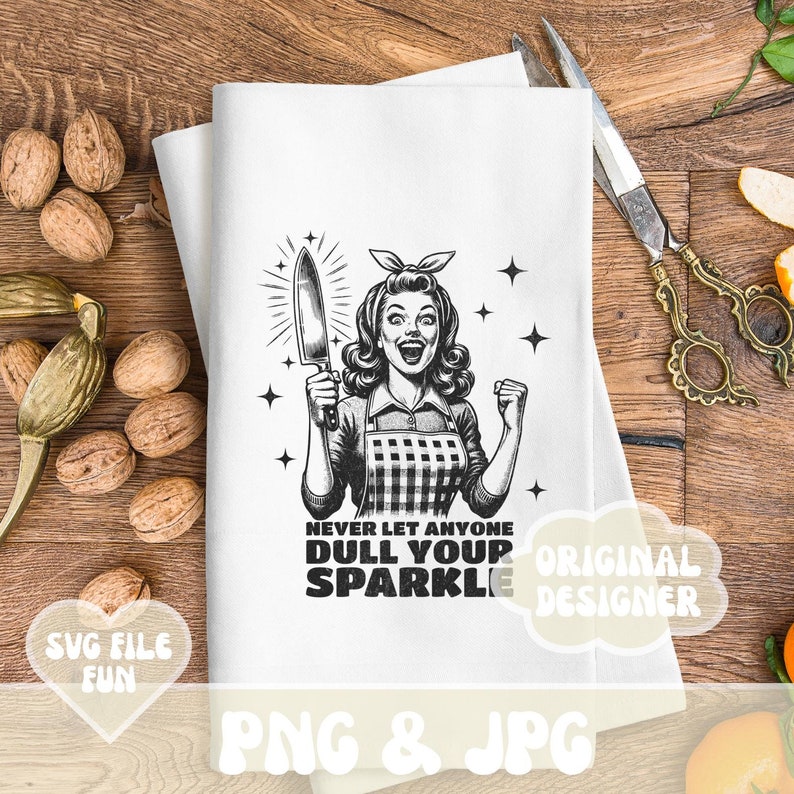 Puede incluir: Ilustraci&oacute;n en blanco y negro de una mujer sosteniendo un cuchillo y sonriendo. El texto "Nunca dejes que nadie empa&ntilde;e tu brillo" est&aacute; debajo de la imagen.