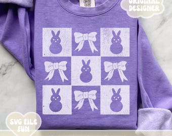 Retro Easter SVG Files, Happy Easter SVG, Easter Shirt Svg, Kids Easter SVG, Checkered Coquette Bunnies & Bows Easter Png Design Sublimation