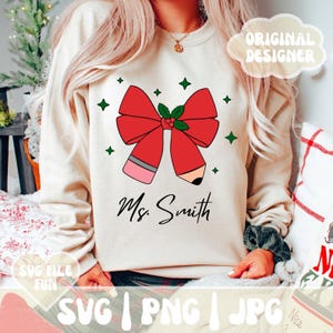 SVG de Navidad para maestros, SVG de lazo navideño coqueto, SVG de taza de Navidad para maestros, SVG de feliz maestro, diseño de clipart escolar, archivo Cricut