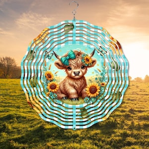 May include: A blue and white checkered wind spinner with a cute cartoon highland cow with a blue bow and sunflowers.