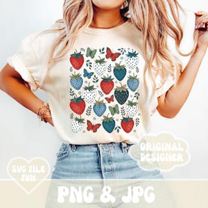 Kokette Erdbeeren & Schmetterlinge Shirt Design PNG Datei Niedlich Aquarell Obst Cottagecore 4. Juli Unabhängigkeitstag Vaterländische Sublimation