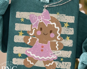 Gingerbread Girl Stripes PNG, Distressed Vintage Pink Bow Holiday Shirt Design, Trendy Mom Sweatshirt Graphic Christmas Sublimation