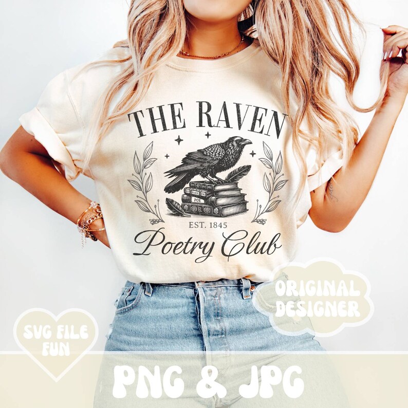 May include: A white t-shirt with a black and white graphic design of a raven perched on a stack of books. The graphic includes the text "The Raven Poetry Club" and "Est. 1845".