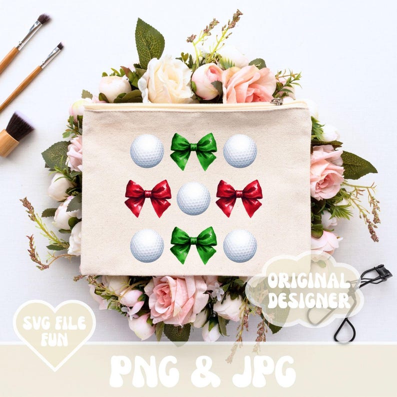 Cute Christmas Golf Shirt Design, Red & Green Bows Png, Coquette Golf