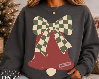 Checkerboard Christmas Bell PNG, Preppy Holiday Shirt Design, Trendy Mom Sweatshirt Graphic Vintage Checkered Bow Sublimation Graphic