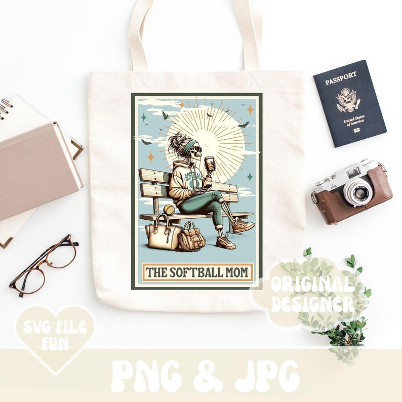 May include: A tote bag with a graphic design of a skeleton wearing a softball jersey and holding a coffee cup. The text "The Softball Mom" is printed below the image.