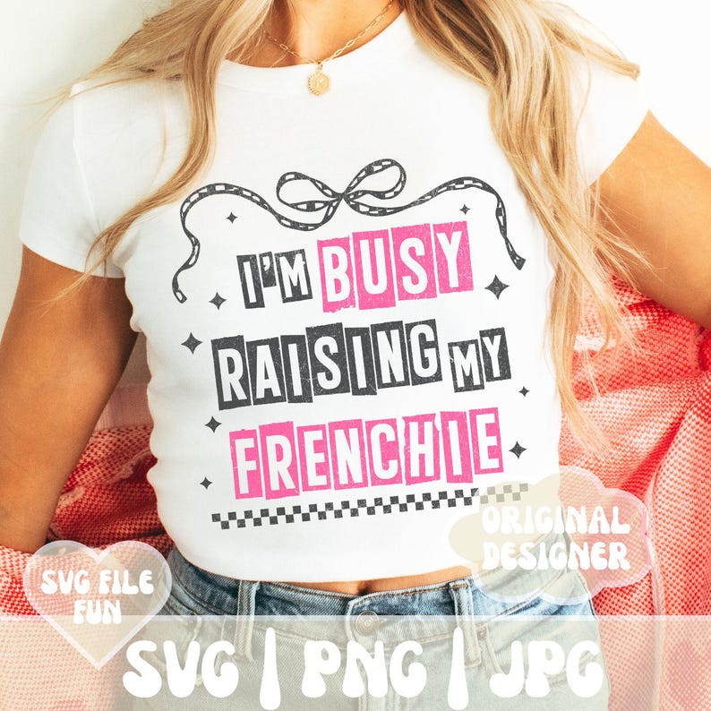 Französische Bulldogge SVG für Bulldogge Mama PNG, sarkastische lustige Hund Mama SVG-Designs, Zitate rosa trendige karierte Bogen Shirt Print Sublimation Bild 3
