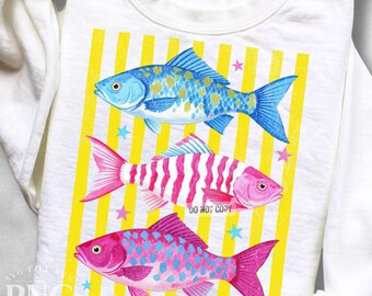 Preppy Fish PNG, Trendy Striped Coastal Summertime PNG, Colorful Summer Women's Beach Vacation Travel Shirt Design Print Sublimation