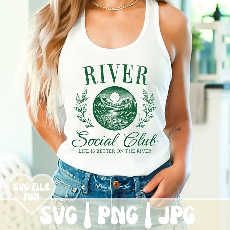 May include: White tank top with a green graphic that reads "RIVER Social Club" with a nature scene illustration. The text "LIFE IS BETTER ON THE RIVER" is below the graphic. The tank top is sleeveless.