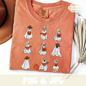 Puede incluir: Camiseta naranja Comfort Colors con un dise&ntilde;o tem&aacute;tico de Halloween. El dise&ntilde;o incluye ilustraciones de perros disfrazados de fantasmas, con sombreros de vaquero y pa&ntilde;uelos, y sosteniendo calabazas. La camiseta tambi&eacute;n tiene el texto "PNG & JPG".