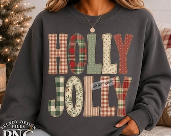Jolly Christmas PNG, Flannel Patchwork Letters, Christmas Shirt Design, Preppy Gingham Retro Holiday Plaid Floral Dots Sublimation Design