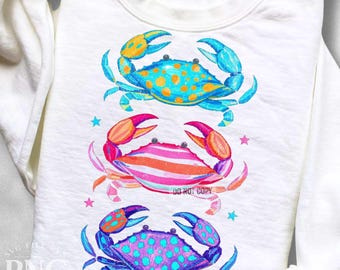 Preppy Crabs Summertime PNG, Trendy Striped Colorful Coastal Women's Beachy Vacation Travel Shirt Design Print Sublimation