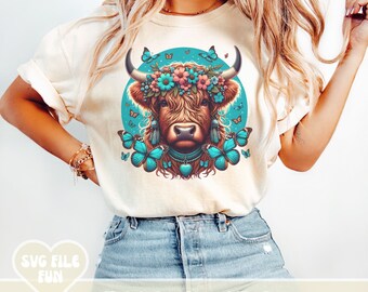 Highland Cow PNG Turquoise, Highland Cow Heifer PNG, Cow Head PNG, Boho Highland Cow Png, Aesthetic Country Western Shirt Design Sublimation