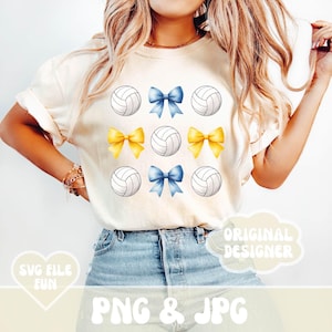 Coquettevolleybal png, volleybal moeder png, aangepaste schoolkleuren, lichtblauwe en gele volleybal en strikken School Pride trendy shirtontwerp