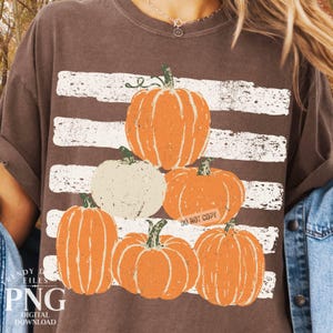 May include: A dark brown short-sleeve t-shirt featuring a graphic print of six pumpkins in orange and cream colors, arranged over a background of horizontal white distressed stripes. The text DO NOT COPY is visible on one pumpkin.
