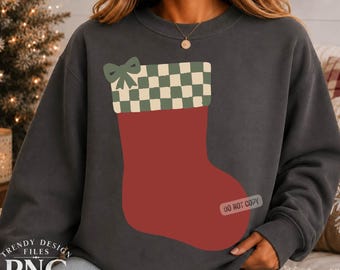 Checkerboard Christmas Stocking PNG, Preppy Holiday Shirt Design, Trendy Mom Sweatshirt Graphic Vintage Bow Sublimation Graphic