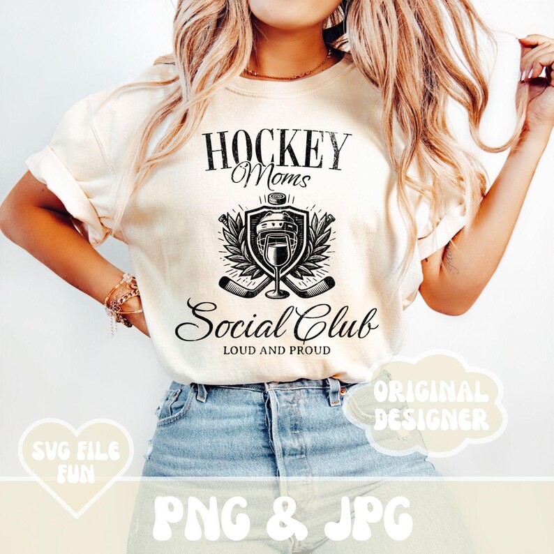 May include: A white t-shirt with black text that reads "HOCKEY Moms Social Club LOUD AND PROUD". The text is surrounded by a graphic of a hockey helmet, sticks, and a glass of beer.