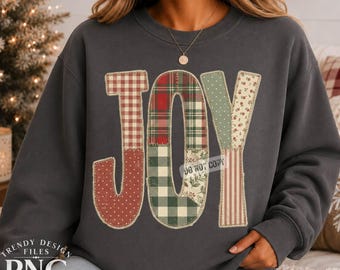 Joy Christmas PNG, Flannel Patchwork Letters, Christmas Shirt Design, Preppy Gingham Retro Holiday Plaid Floral Dots Sublimation Design