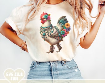 Funny Chicken PNG, Cute Chicken PNG Turquoise Boho Chicken PNG, Crazy Chicken Png, Boujee Chicken Png. Fall Country Western Shirt Design