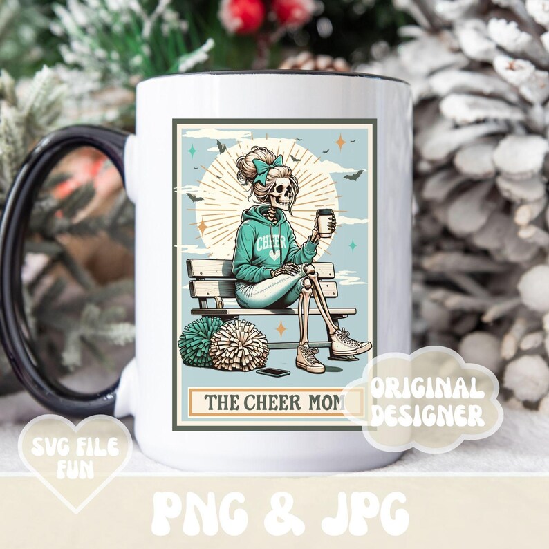 May include: White ceramic mug with a black handle and a black rim. The mug features a graphic of a skeleton wearing a cheer uniform and holding a cup of coffee. The text "The Cheer Mom" is printed below the graphic.