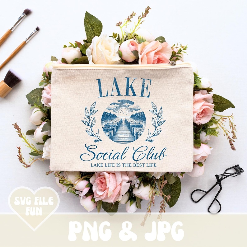 May include: A white canvas makeup bag with a blue and white graphic design that says "LAKE Social Club LAKE LIFE IS THE BEST LIFE".