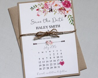 Rustic Floral Save the Date, Boho Chic Wedding Save the Date. Bohemian Save the date, Rustic Floral, Watercolour, Pink Roses, Pink Floral