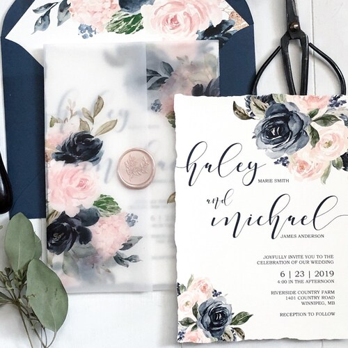 Navy and Pink Floral Wedding Invitation Set Printable Wedding | Etsy