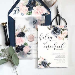 Watercolor Floral Wedding Invitation Suite, Navy and Blush, Custom, Translucent Vellum Belly Band, Navy blue and pink wedding invitation