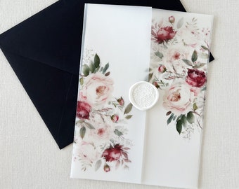Floral Vellum Jacket for 5x7 Invitations Burgundy Flower Vellum Wrap, Vellum Jacket Wrap Pink Floral Vellum Wrap for DIY Invitation Set