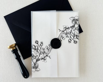 Cherry Blossom Vellum Jacket 5 x 7 Vellum Wrap Wedding Invitation Classic Black Floral Vellum jacket Flower Botanical Wrap DIY Invitation