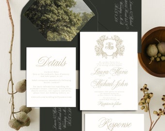 Elegant Wedding Invitation Letterpress Floral Wedding Invitation with Monogram Romantic Wedding Invitation Suite Gold Wedding Invitation