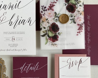 Burgundy Vellum Wrap Wedding Invitation Suite Elegant Blush Pink and Burgundy Floral Customizable Invitation Boho Romantic Wedding Invite